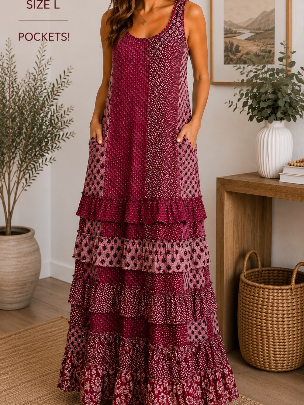 Women's Magenta Tiered Sleeveless Maxi Dress with Pockets